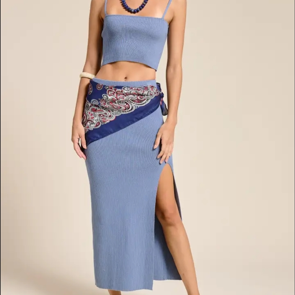 #15 NWT Mimosa Blue Ribbed Knit Crop Tank And Midi Skirt Set Women Size S